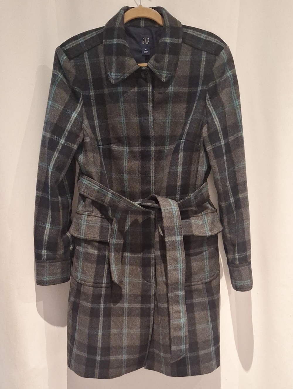 GAP Gray Plaid Belted Wool Blend Trench Coat with Blue Accents